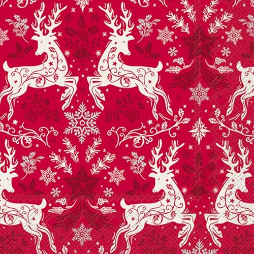 20 Servietten Weihnachten Weiße Hirsche edel auf rot als Tischdeko. Papierservietten mit Motiv. Auch für Decoupage und Serviettentechnik 33x33cm