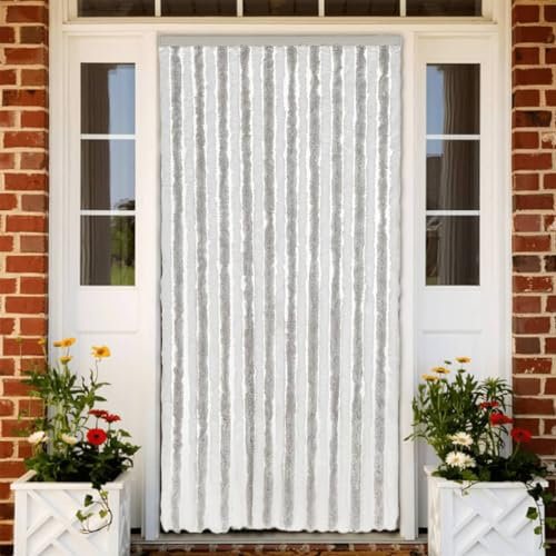 qohoio Fly Curtain Light Grey and White 90x220 cm Chenille,Curtains Door Fly Screen Curtain For Doorways Window Decorations Room Divider