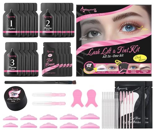 Beauty7 Lash Lift and Tint Kit 4 en 1, Kit de Laminación y Tinte de Pestañas y Cejas, Kit de Elevación de Pestañas y Cejas con Tinte Marrón Oscuro, Semi Permanente Lifting Kit de Pestañas Rizador
