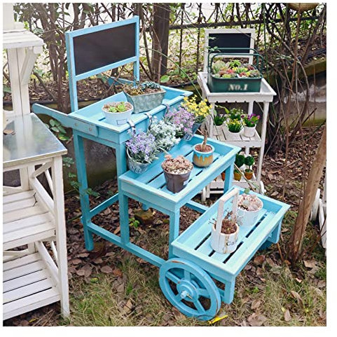 Pflanzenständer für den Innenbereich, Pflanzenständer aus Holz, Blumenbank für den Außenbereich, mit Ablagefläche, Arbeitstisch für den Garten auf der Terrasse, Terrasse und Balkon (blau)