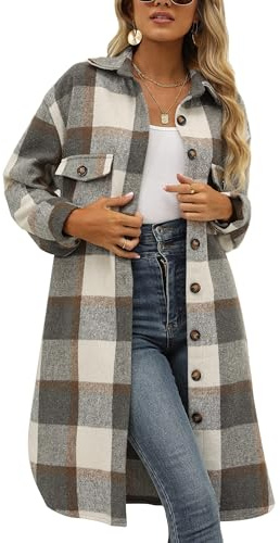 Jhsnjnr Veste à carreaux en flanelle pour femme, surdimensionnée, manches longues, revers boutonné, chemise à carreaux, en coton, veste longue