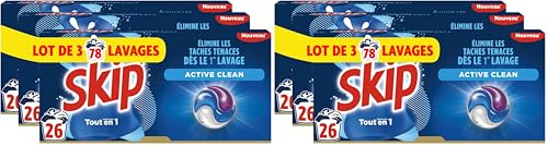 Skip Lessive liquide en capsules Active Clean 3 en 1-156 lavages - résultat impeccable et fraîcheur longue durée - sans emballage plastique (lot de 6x26)