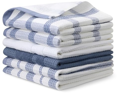 Amazon Basics Torchons de Cuisine en 100% Coton Bio Gaufré - Ultra Absorbants, Séchage Rapide, sans Peluches, 38 x 64 cm, Lot de 6 (Assortis Bleu Marine, Blanc)