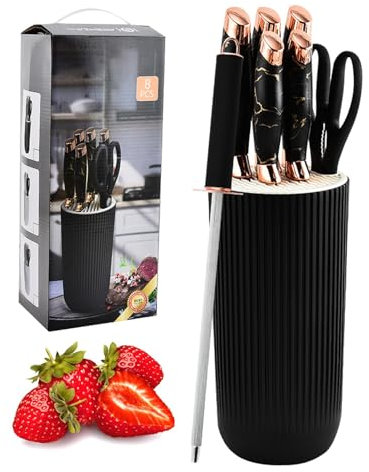 Trusttread Lot de 8 couteaux de cuisine avec support, ensemble de couteaux professionnels en acier inoxydable, couteaux tranchants noirs, antidérapants, résistants à la rouille