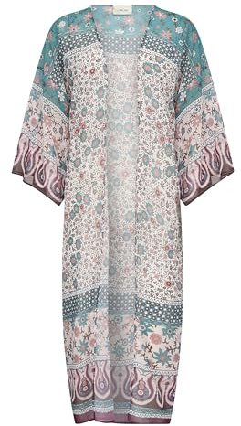 Cream Dam kimono öppen framsida lös passform mellanliggande längd 3/4 ärmar, Rosa och blå etnisk kant, One Size