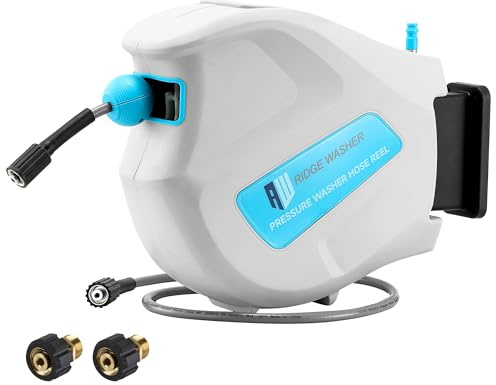 Ridge Washer Pressure Washer Hose Reel, 65FT X 1/4'' Power Washer Hose Reel, Auto Rewind Wall Mounted Retractable Hoses Reel, 3600 PSI | M22-14 mm fitting, auto rewind with stop ball, for compatible pressure washers