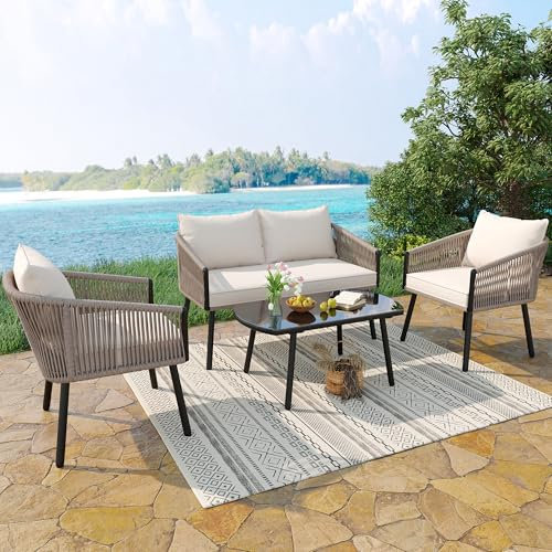Merax Gartenmöbel-Set 4-teilig, Loungesessel-Set mit 2-Sitzer-Sofa, 2 Einzelsofas und Couchtisch, Handgewebtes Seil, Verzinkter Stahl, Glasplatte, Beige, Wetterfest für Garten, Terrasse und Balkon