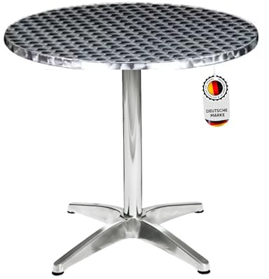 Hochwertiger Bistrotisch aus Aluminium, Runder Aluminiumtisch Wetterfest für Garten, Balkon und Terrassen – Ø 80cm x H72cm / Pflegeleichter Gartentisch mit Standfüßen – Silber glänzend Tischplatte