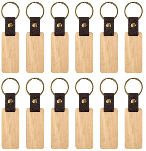 LITZEE 12 Stück Schlüsselanhänger Holz Rohling, DIY Schlüsselanhänger Rohlinge Basteln Rechteckig mit Ring für Malerei, Bastein Dekorieren, DIY, Geschenke