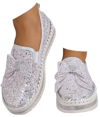 Xbemkste Damglitter, sneakers, paljetter, gnistrande plattform, strass, fest, semester, bröllop, sneakers, slip-on, tygskor med rosett, platta loafers, promenadskor