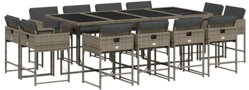 vidaXL Garten Essgruppe 13-TLG., Gartenmöbel Set Tisch mit 12 Stühle, Gartengarnitur mit Kissen, Sitzgruppe Essgarnitur Terrasse, Grau Poly Rattan