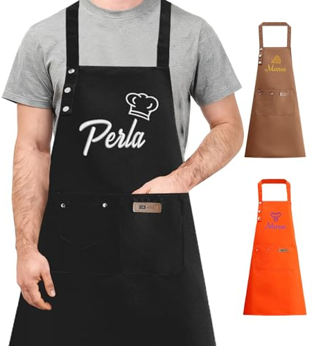 Personalisiert Damen Koch Stickerei SchüRze, Unisex Wasserabweisender, mit Tasche, Passen Sie Den Namen KüChenschüRze mit 19 Icon-Optionen, Geeignet füR Zuhause, Restaurant, Café und Grill（3 Farben）
