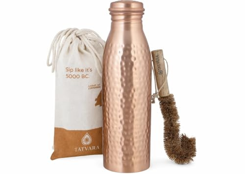 TATVARA Pure Copper Water Bottle (32 oz / 950 ml), 100% Pure Copper Handmade Ayurvedic Bottle with Leak-Proof Lid, Includes Cleaning Brush & Gift Pouch, BPA-Free Hammered Matte Finish