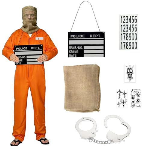 Mino Plus Prisoner Overall Kostüms,Erwachsener Gefängnis Kostüms,Sträfling Kostüm Damen Männer,Verbrecher Overall,Prisoner Costume mit Accessoires,Cosplay-Party und Maskerade,Karneval