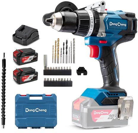 Dong Cheng 20V 120N.m Cordless Brushless Hammer Drill,2X 4.0Ah Battery | 13mm Keyless Metal Chuck, 24+1+1 Clutch, Cordless Hammer Drill for Drilling Brick Wall, Metal, Wood