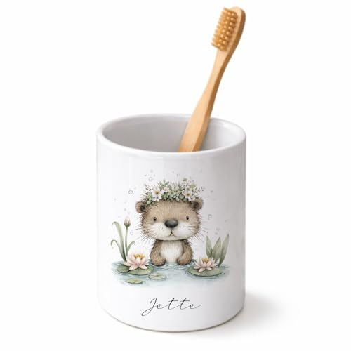 Personalisierter Zahnputzbecher für Kinder mit Namen - Keramik Trinkbecher & Zahnbürstenhalter - Individuelles Geschenk zu Einschulung, Kindergarten & Geburtstag (Otter)