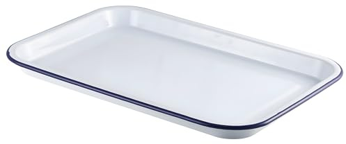 Barmans SB-122 Emaille-Serviertablett, weiß mit blauem Rand, 38,2 x 26,4 cm, rustikales Backblech, emailliert