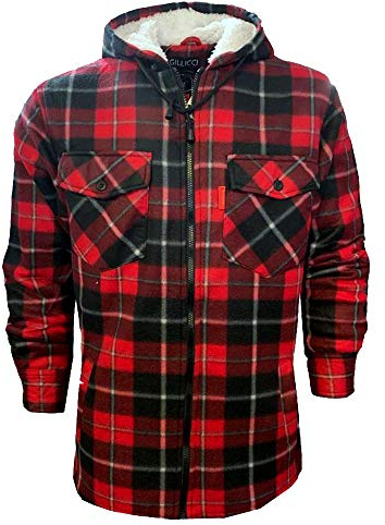 Gillicci Mens Padded Lumberjack Sherpa Fur Lined Extra Thick Luxury Hooded Quilted Shirt (UK, Alpha, M, Regular, Regular, Red)
