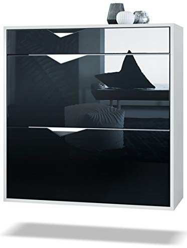 Vladon Schuhschrank Kolmio 85 x 87 x 33 cm, Made in Germany, Korpus in Weiß matt, Fronten in Schwarz Hochglanz | Große Farbauswahl