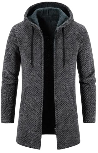KUDORO Herrcardigan lång väst med dragkedja stickad kofta huvtröja tjock och ledig fleece tröja huvtröja, Mörkgrå, XS