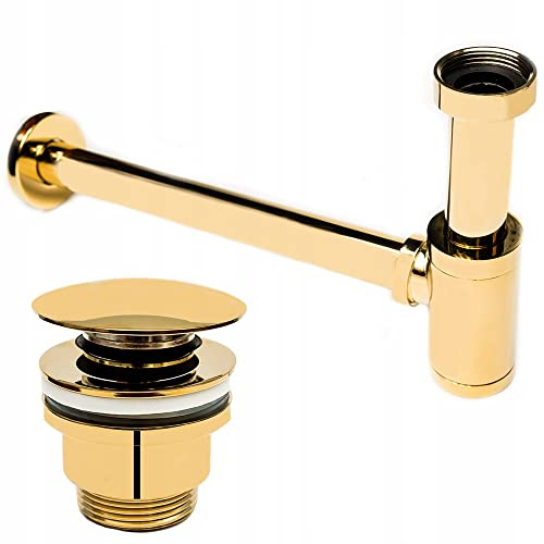 AquaParts Ablaufgarnitur Waschbecken-Siphon mit Badewannenstöpsel | Gold | Abflussstopfen | Abfluss Stöpsel | für Waschbecken | verhindert Verstopfung & Gerüche