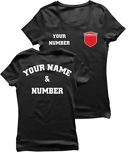 lepni.me Damen Marokko Fußball T-Shirt mit Ihrem Namen und Nummer | Marokkanische Flagge Abzeichen Personalisierte Trikot Weltmeisterschaft 2022 (XL Schwarz Mehrfarben)