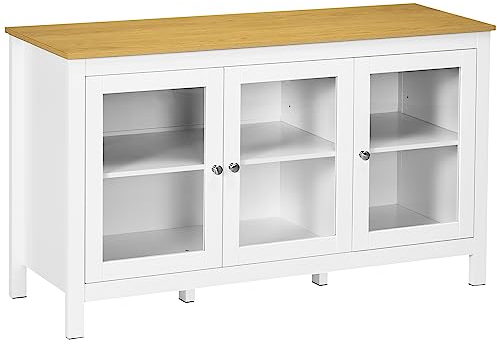 HOMCOM Anrichte Aufbewahrungsschrank mit 3 Glastüren, 2 verstellbaren Einlegeböden, Platte in Holzoptik hell – 120 x 40 x 70 cm, Weiß