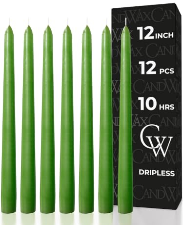 CANDWAX 12 inch Taper Candles 12 Pack - Colored Candle Sticks Great as Dinner Candle Set - Grass Green