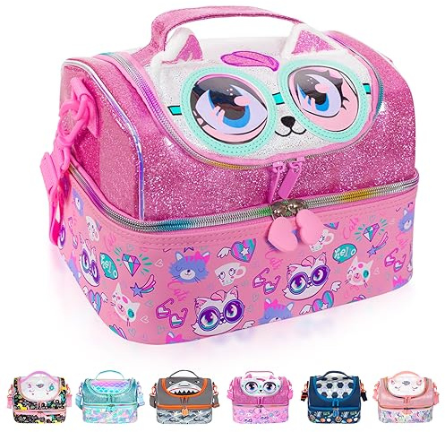 PinkSheep Kids Double Decker Cooler Insulated Lunch Bag Large Tote for Boys, Girls, Men, Women, with Adjustable Strap, Unicorn (Cat-B)