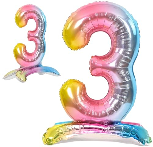 Globo 3° Cumpleaños Número 3 Pastel Multicolor de Pie Gigante, Globo XXL de 82cm. Decoración Cumpleaños. Aire.