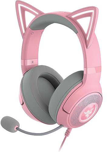 Razer Kraken Kitty V2 USB Wired RGB Headset: Chroma Kitty Ears - Stream Reactive Lighting - HyperClear Cardioid Mic - Triforce 40 mm Drivers - 7.1 Surround Sound - Quartz Pink (Renewed)