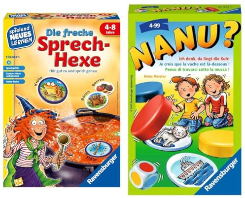 Ravensburger 24944 - Die freche Sprech-Hexe - Spielen und Lernen für Kinder & 23063 - Nanu? Mitbringspiel für 2-4 Spieler, Merkspiel ab 4 Jahren, kompaktes Format, Reisespiel, Würfelspiel
