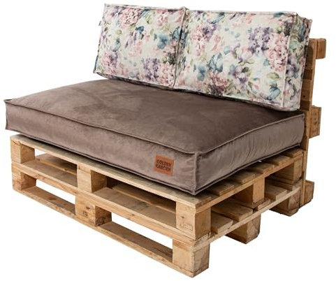 GoldenGroup Gartenset Kissen für Palettenmöbel Cappuccino & Blumen - Polsterstoff - Langlebiges und Wasserdichtes Material - Sitzkissen 120cm x 80cm x 15cm, Rückenkissen 120cm x 40cm x 15cm