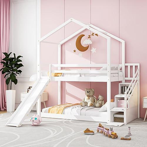 Kayan Kinderbett Hausbett 90 x 200cm, Etagenbett mit Rutsche und Leiter zur Aufbewahrung, Etagenbettgestell aus Massivholz mit Lattenrost, weiß