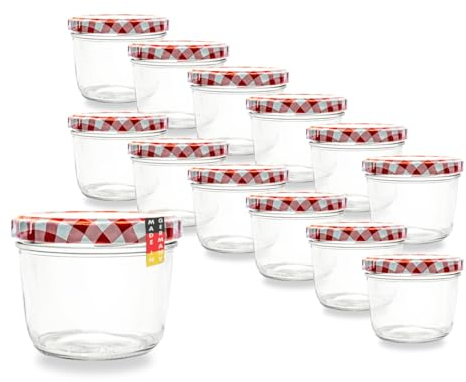 Flaschenbauer 12er Set Premium Sturzgläser 230 ml – Vielseitige Marmeladen- & Einmachgläser mit farbigem Twist-Off-Deckel – Ideal für Suppen, Dips, Tee, Kräuter, inklusive Etiketten (Rot-Kariert)