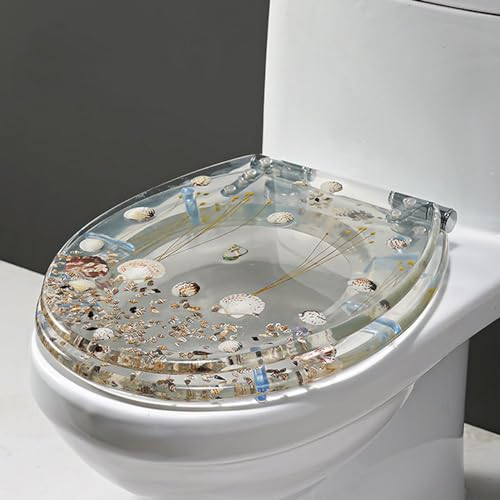Wttfc WC-Sitz aus Transparent Harz, Echte Muscheln und Sand, Toilettendeckel mit 360° Verstellbaren Scharnieren aus Edelstahl, Absenkautomatik, Quick-Release, Obere Montage, V-Form Klodeckel,K