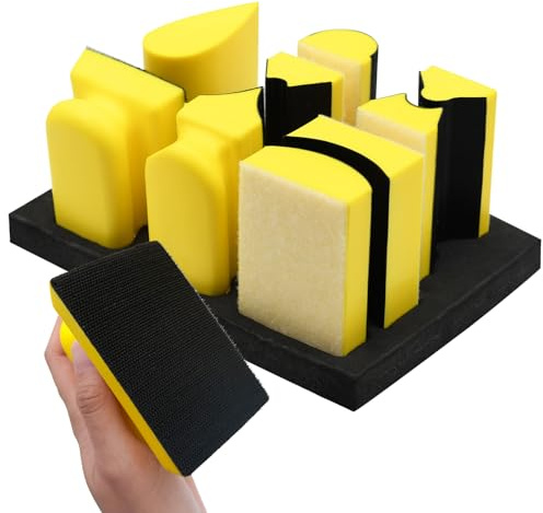 9-Piece Contoured Profile Hand Sanding Block Set, Hook and Loop Foam Material Hand Sander Block, Interchangeable Assorted Convex & Concave Shapes, for Wood, Auto Body Repair and Paint, Furniture