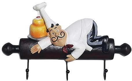 Felenny Wall Hooks Stick On, Cute Resin French Chef Decor, Chef with Bread Figurine Hook Wall Mounted Metal Hook Hanger for Keys Gloves Hat Cap Coat Apron and Kitchen Utilities