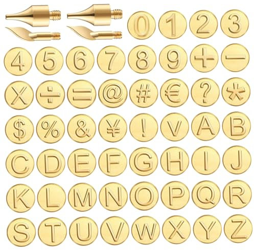 Blogiiup Holzverbrennungszahlen, Holzbrennbuchstaben 56pcs Messing Holz Brennzahlen mit Holzbrennspitze Holzbrennwerkzeug mit Buchstaben einschließlich Alphabet -Zahlensymbol für DIY -Prägenschnitze