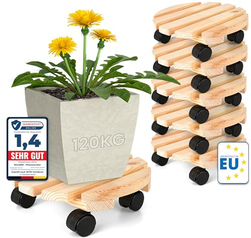 Oramics 6 Stück Pflanzenroller Rund aus Massivholz – Ø30 x 8 cm bis 120 KG belastbar – Rollbrett für Pflanzen, Blumentöpfe und Blumenkübel – Blumentopf Untersetzer mit 4 Rollen