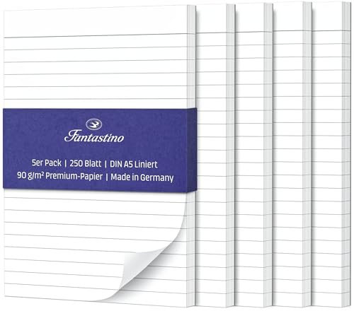 Anteckningsblock A5 Linjerat - 5 Pack, 250 Blad (50 per Block), 90 g/m² Premiumpapper. Små Block linjerade, Rivbar Skrivblock för Kontor, Hem, Skola och Universitet