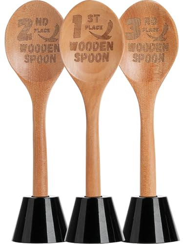 Agolctry 3 Pcs Chili Cook Off Trophies Wooden Spoon Trophy Prizes Wooden Laser Engraved Golden Spoon with Wooden Trophy Base Cooking Baking Award for Bake Cooking Competition (7.56'')