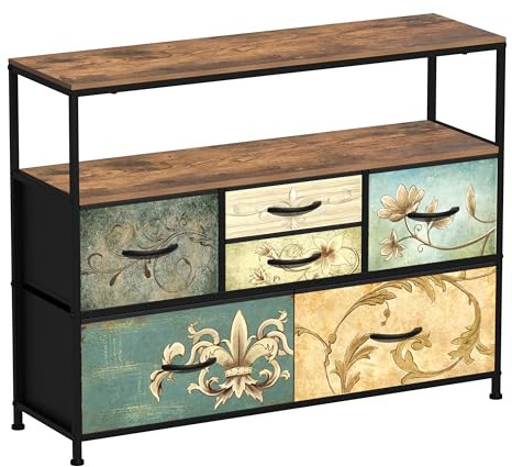 VEDECASA Comò con 6 cassetti in tessuto, tavolo da trucco in stile boemo, supporto TV per camera da letto, credenza con piano in legno, cassetti in tessuto e struttura in metallo per soggiorno, camera