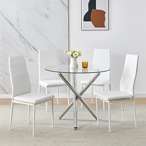 Juego de mesa de comedor redonda de cristal con 4 sillas de cocina de respaldo alto, mesa de 90 cm con patas cromadas, muebles de comedor modernos para el hogar, cocina, sillas de cuero blanco
