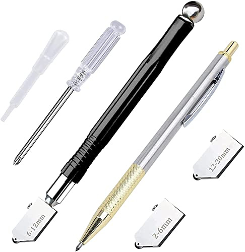 Yuentoen Glasschneider 2-20mm,Professionelles Glasschneider Satz,Glasschneide Werkzeug mit 3 Hartmetall Schneidköpfen,Bleistift Stil Öl Feed Hartmetallspitze für Glas Fliesen Spiegel Mosaik Schneiden