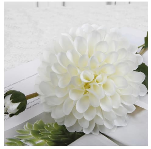 WENH Lot de 5 Dahlias artificiels en Soie, 2 têtes, for décoration de Maison, Mariage, fête(White)