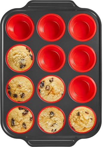 HONGBAKE Muffinblech aus Silikon mit Metallrahmen, 12er Antihaft Muffinform Backblech, BPA-frei & Spülmaschinenfest, Ofenfest bis 230°C für Muffins, Cupcakes, Egg Bites (Rot)​