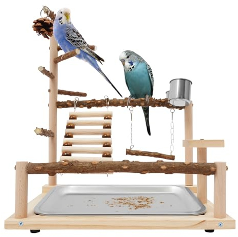 gegeweeret Wellensittich Spielplatz, Papageienspielzeug, Vogelspielplatz Mit Feeder Cups und Tablett für Nymphensittich Papageien Wellensittiche und Andere Kleine und Mittelgroße