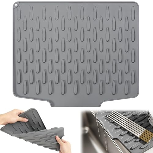 Silicone Dish Drying Mat, 40 x 30 cm No-Spill Silicone Worktop Saver, Heat-Resistant & Non-Slip Kitchen Draining Board Mat for Kitchen Counter, Sink, Table, Refrigerator