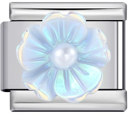 Mon & Sons Camellia Pearl Baby Blue Silver Italian 9mm Link Stainless Steel Bracelet Charm Compatible With 9mm Link